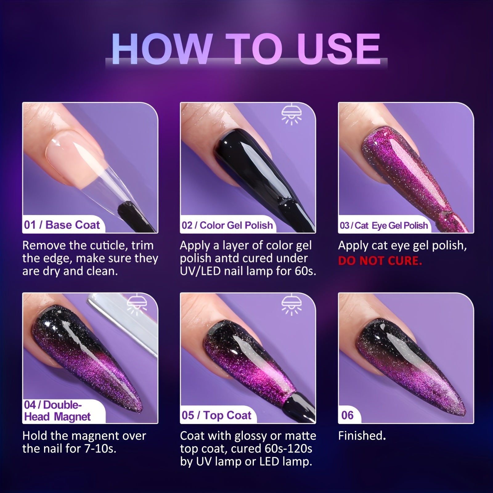 Arousar Cat Eye Gel Polish Set, 16pcs Chameleon Gel Nail Polish Black Purple Glitter Silver Changing Magic Galaxy Effect Kit With Base Top Coat, LED Nail Lamp, Cuticle Oil And Manicure Tools Good Vibrations