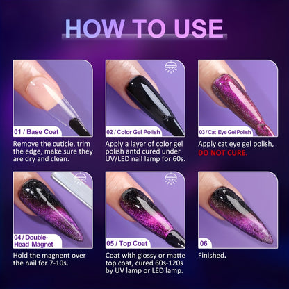 Arousar Cat Eye Gel Polish Set, 16pcs Chameleon Gel Nail Polish Black Purple Glitter Silver Changing Magic Galaxy Effect Kit With Base Top Coat, LED Nail Lamp, Cuticle Oil And Manicure Tools Good Vibrations
