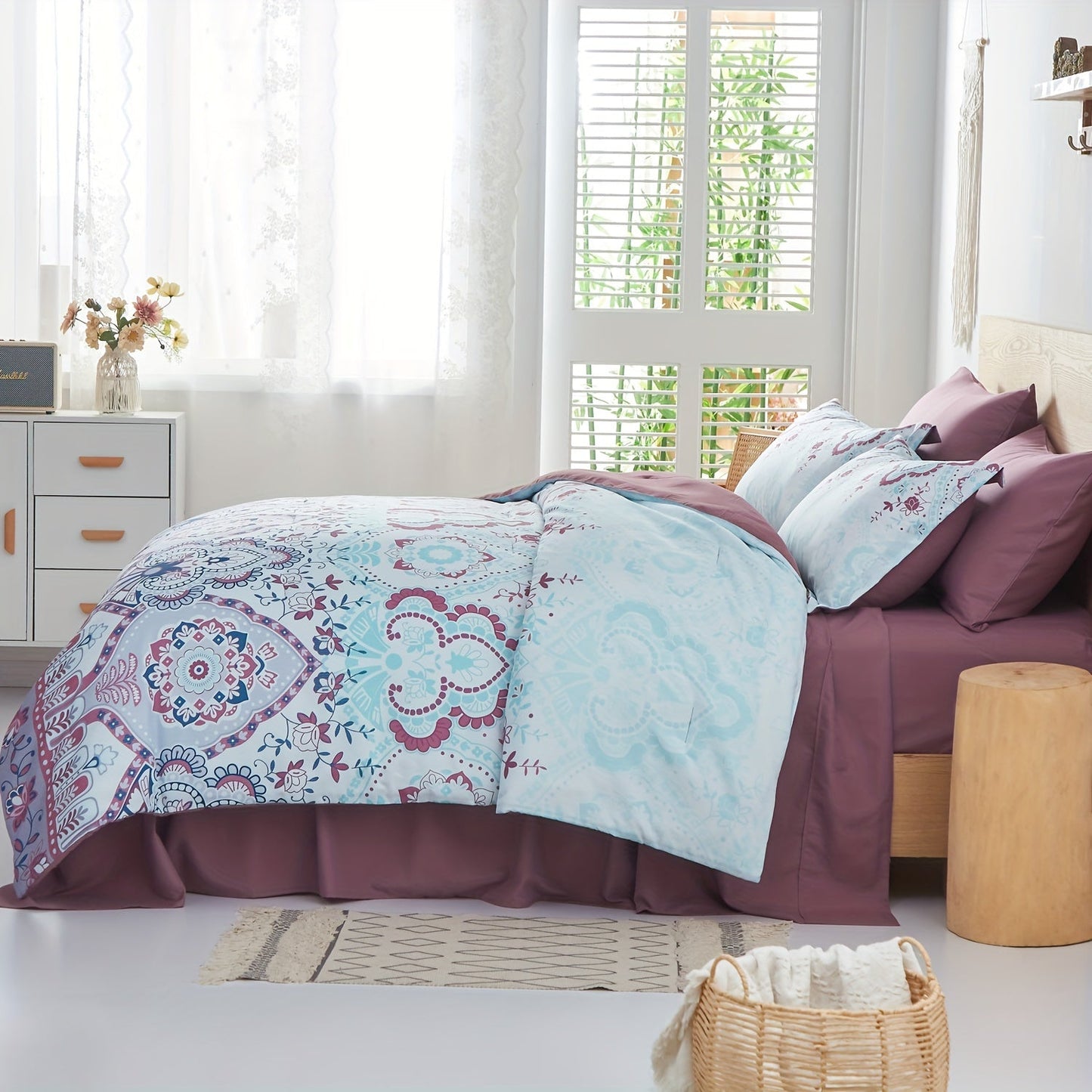 5/7pcs Bed In A Bag Bohemian Pattern Comforter And Sheet Set, Twin/Full/Queen/King Size Comforter Set, Soft Microfiber Lightweight Bedding Set For All Seasons Good Vibrations