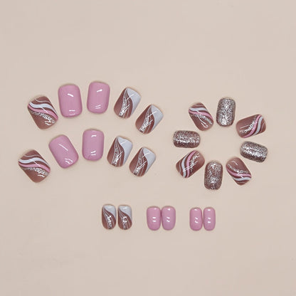 24-Piece Pink French Stripe Nail Tips Set - Short Square Glossy False Nails with Stripe, Colorblock, and Glitter Accents for Elegant Look Good Vibrations