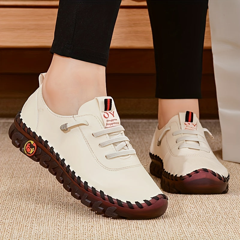 Women's Beige & Burgundy Round-Toe Casual Shoes - All-Season Synthetic Cover-like Upper with Cushioned PVC Sole, Round-Toe Walking Shoes for Square Dance, Dance Practice, Daily Wear - Comfortable Dress Footwear (Hand Washable Good Vibrations