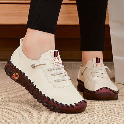 Women's Beige & Burgundy Round-Toe Casual Shoes - All-Season Synthetic Cover-like Upper with Cushioned PVC Sole, Round-Toe Walking Shoes for Square Dance, Dance Practice, Daily Wear - Comfortable Dress Footwear (Hand Washable Good Vibrations