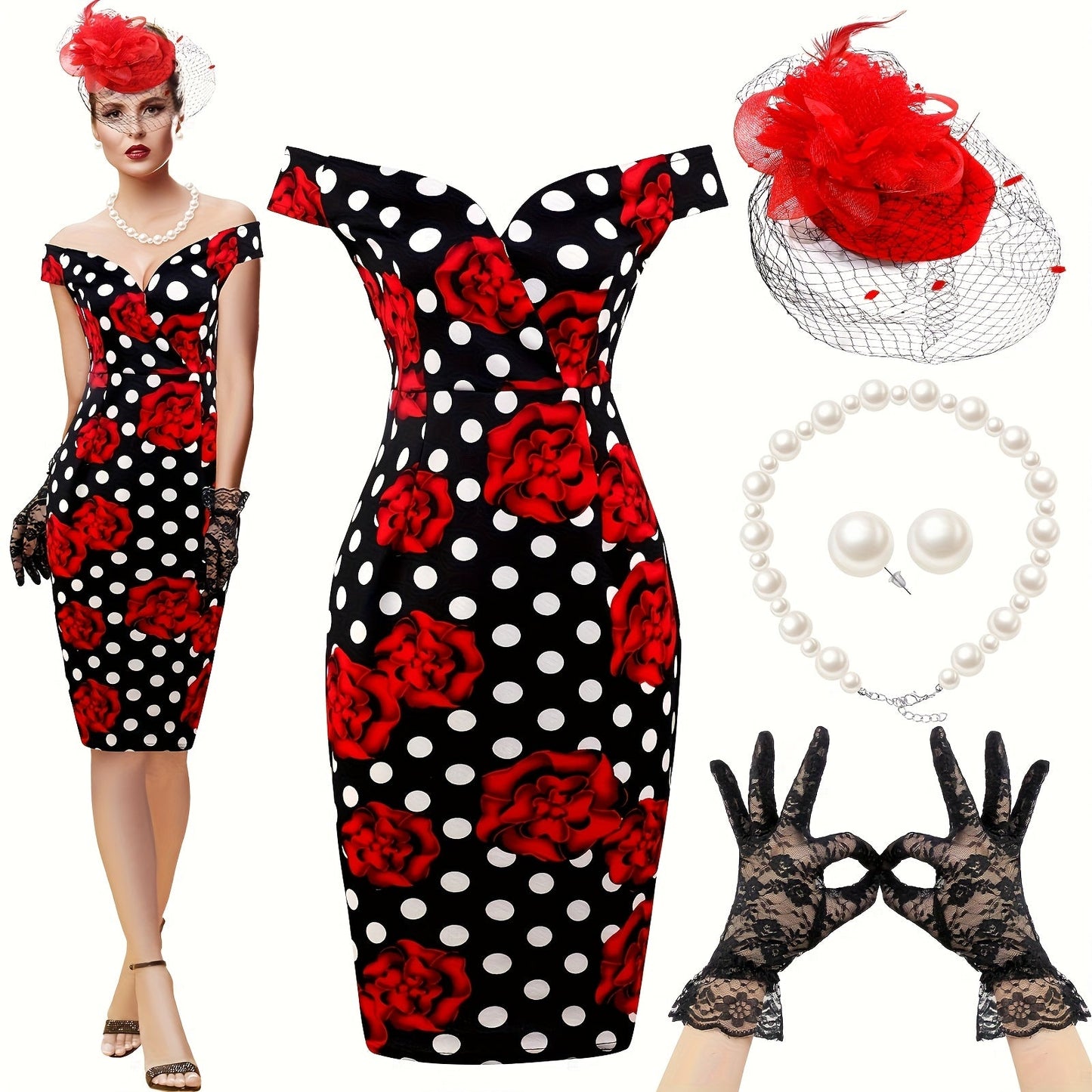 5pcs Women's Retro Polka Dot Floral Spring Dress for Derby Tea Party - Vintage Pencil Costume Classic Good Vibrations