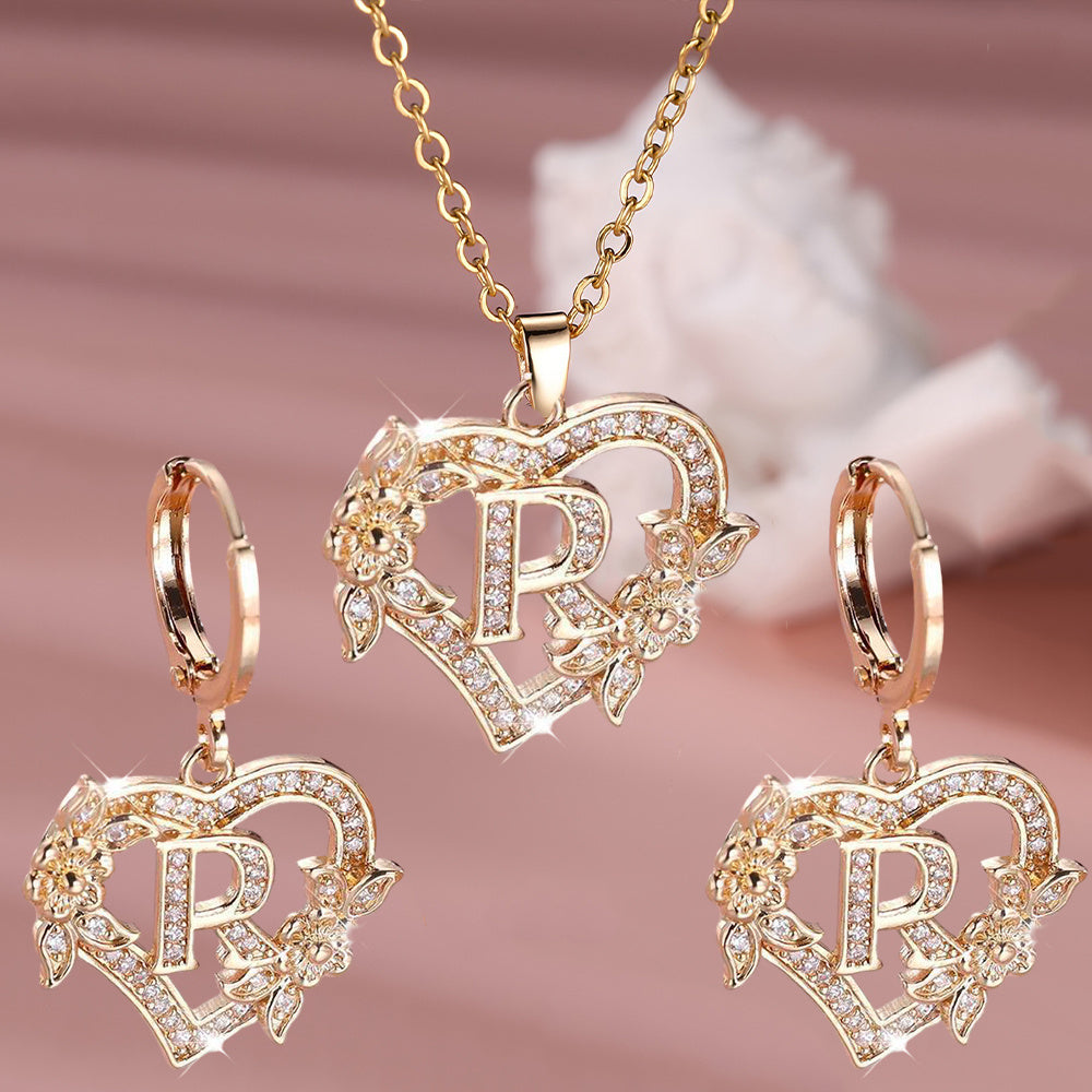 3pcs Women's Jewelry Set - Heart-Shaped Interlocking Link Necklace & Earrings with 26-Letter Monogram, Elegant Golden-Tone -Accented Letters, Dainty Everyday Gift for Mother's Day, Graduation, Birthdays (Pink & Clear Good Vibrations