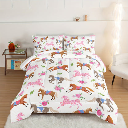 3pcs Fashion Comforter Set (1 * Comforter + 2 * Pillowcase, No Core), Cartoon Horse And Rose Print Bedding Set, Soft And Comfortable Skin-friendly For Bedroom, Guest Room Good Vibrations