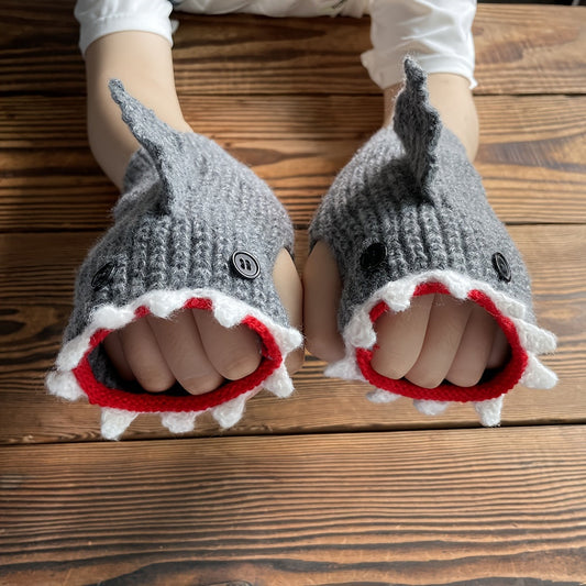 1pair Funny Handmade Shark Gloves - Wool Winter Warm Half-finger Gloves for Christmas Gifts for stocking stuffers Good Vibrations