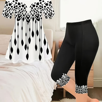 Fashion Round Neck Printed Short-sleeved T-shirt with Capri Pants for Women Set Good Vibrations
