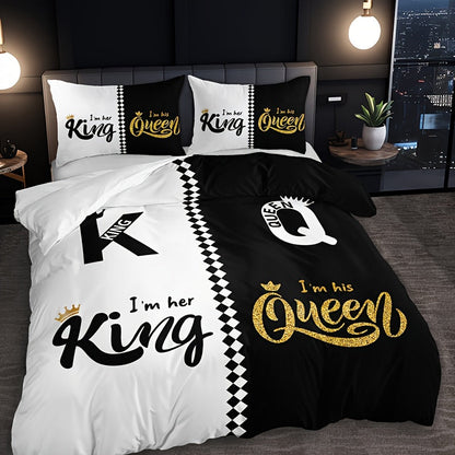 3pcs Black & Grey Crown Lettering Duvet Cover Set (1 Duvet Cover + 2 Pillowcases) - High Definition Printing For Home & Dorm Decor, Comforter Not Included Good Vibrations