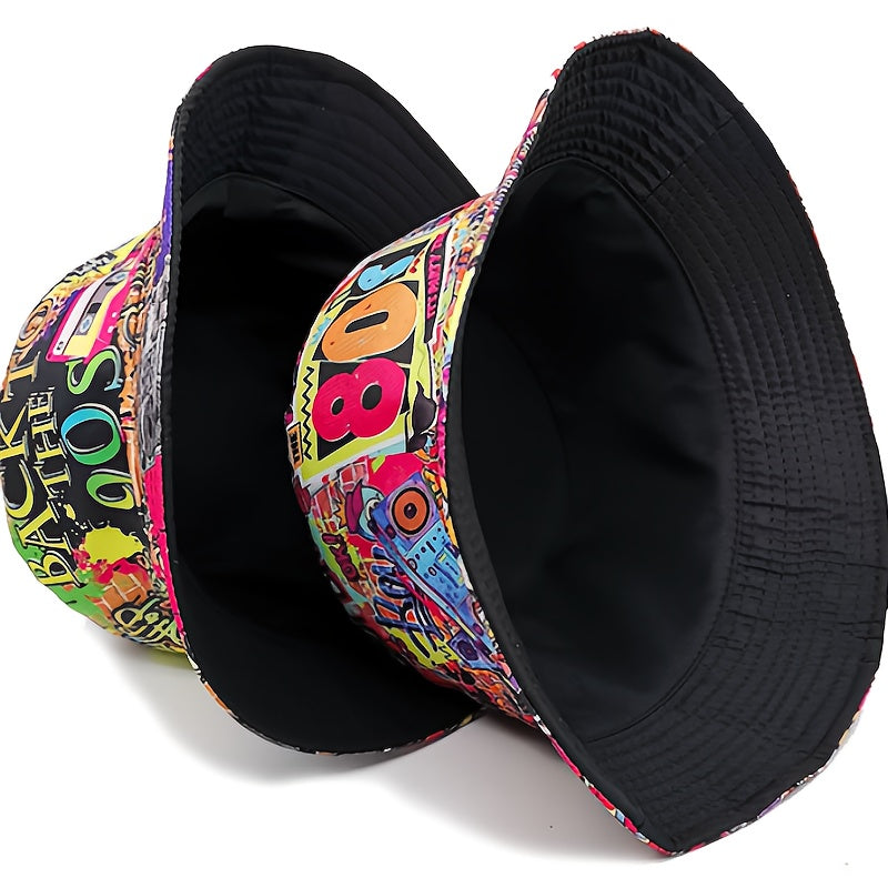 1pc Trendy Unisex Sunshade Bucket Hat with 90s Print - Double-Sided for Outdoor Beach - Great Gift Idea Good Vibrations