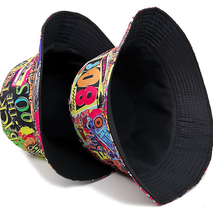 1pc Trendy Unisex Sunshade Bucket Hat with 90s Print - Double-Sided for Outdoor Beach - Great Gift Idea Good Vibrations