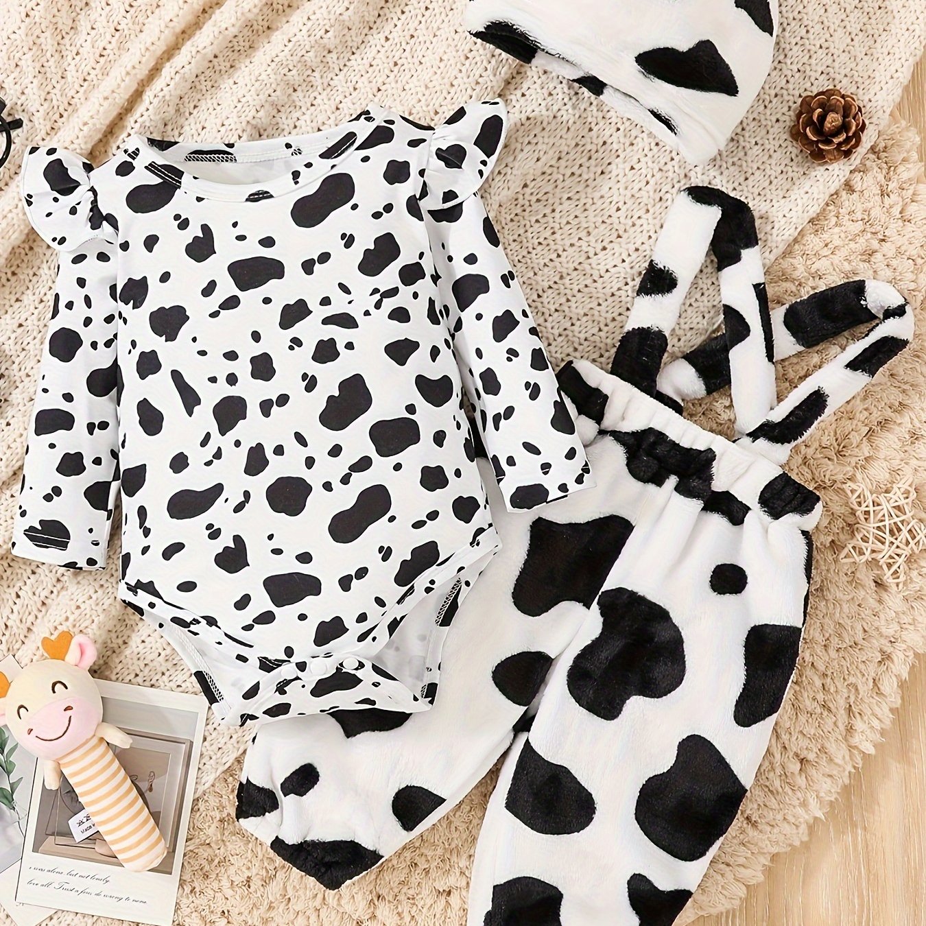 2pcs Baby's Adorable Cow Pattern Ruffled Bodysuit + Hat + Jumpsuit, Toddler & Infant Girl's Clothing Set For Spring Fall Good Vibrations
