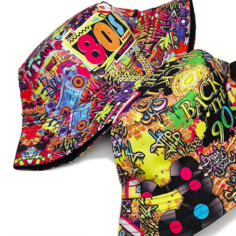 1pc Trendy Unisex Sunshade Bucket Hat with 90s Print - Double-Sided for Outdoor Beach - Great Gift Idea Good Vibrations