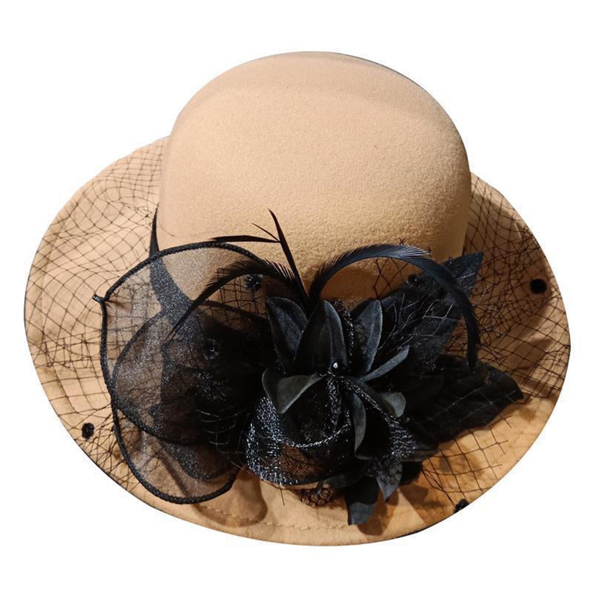 Women's Wide Brim Fedora Hat with Black Lace Veil & Floral Decor - Non- Derby Cap for Church, Bridal Tea Party, Formal Events Good Vibrations