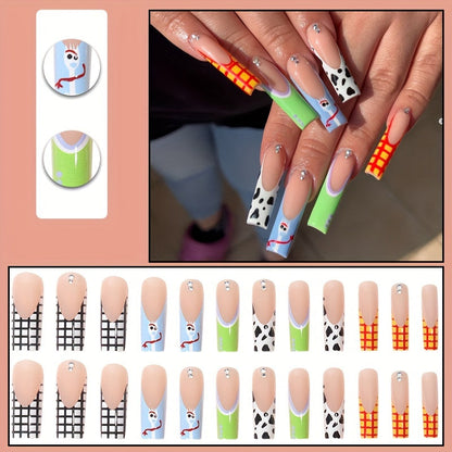 Festive Long Ballet Nail Tips with Cow Print And Checkered Design - Nude Color, Shiny Finish Good Vibrations