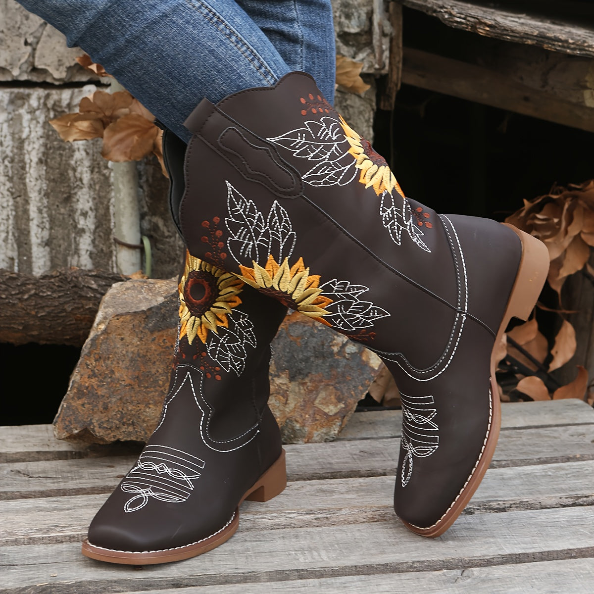 [Mid Calf Embroidered Western Boots] Women's Embroidered Mid Calf Western Boots, Faux Leather Fashion Boots, Women's Footwear Good Vibrations