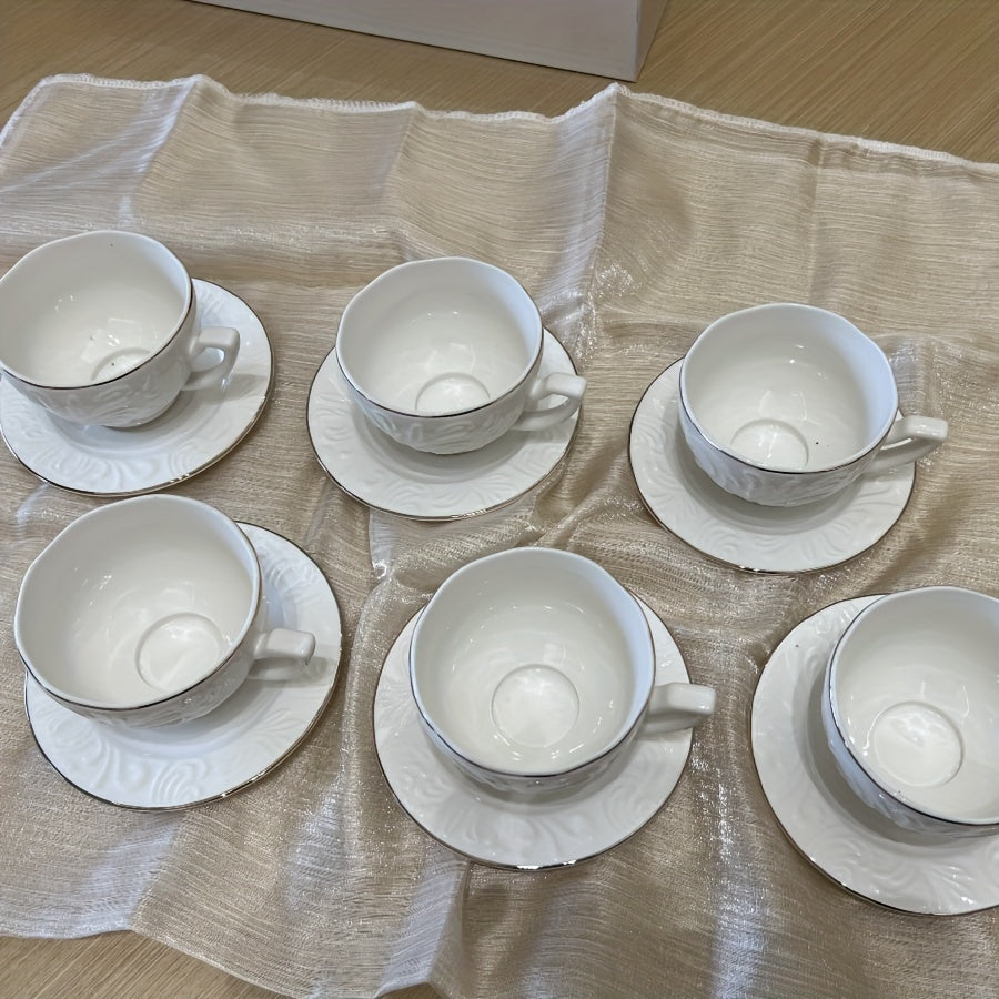Luxury Floral Embossed Golden-Trimmed Tea Set - 6 Ceramic Cups & Saucers, Microwave Safe, Perfect for Afternoon Tea, Desserts & Gifts Good Vibrations