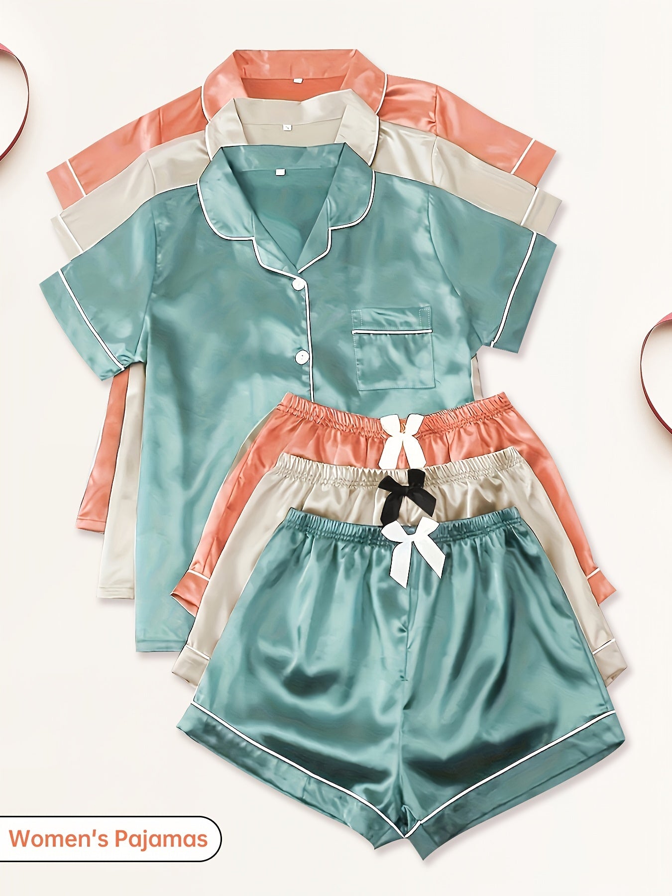 Three Sets of Satin Outfits. Short-Sleeved Collared Tops And Elastic Waistband Shorts, Suitable for Women'S Sleepwear And Loungewear, Women Short And Top Set, Short And Top Set Women, Women Short Set, Loungewear Women Set, Sh Good Vibrations