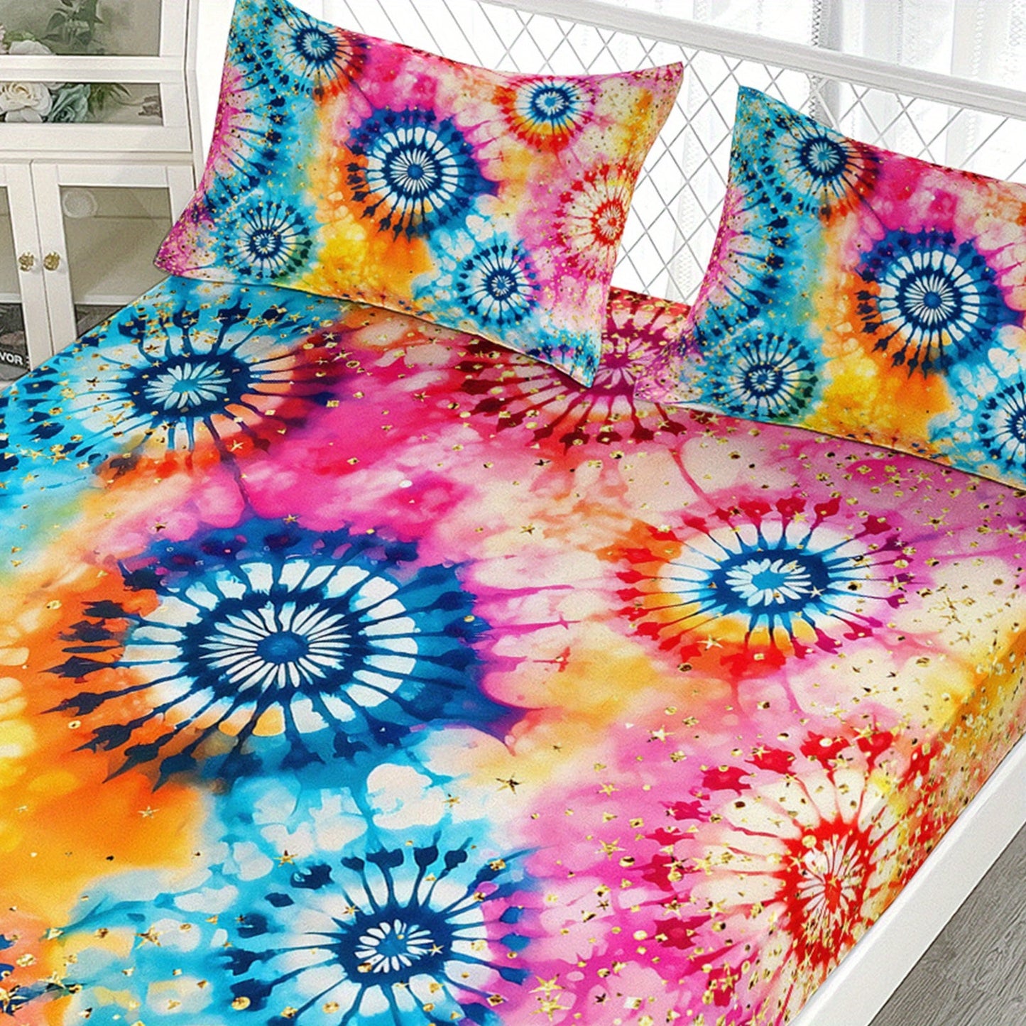 3pcs Tie Dye Fitted Sheets Bohemian Bedding Set Colorful Bed Set Glitter Stars Bedroom Decor Four Seasons (1Fitted Sheets + 2Pillowcases NO Flat Sheet) Good Vibrations