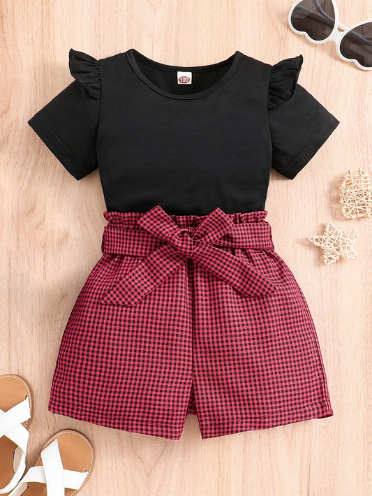Girls' Casual Summer Outfit: Solid Color Round Neck Short Sleeve T-Shirt and Shorts Set with Belted Waistband, Perfect for Outdoor Good Vibrations