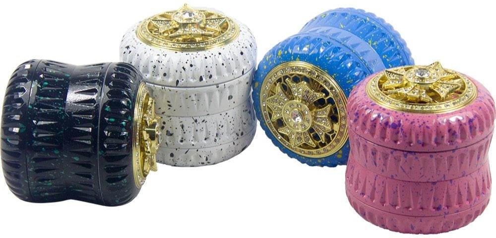 4-Layer Aluminum Herb Grinder with Built-in Fidget Spinner Top, Unique Star-Shaped Spinner Design with Embedded Rhinestones, Textured Body with Colorful Speckled Pattern for Enhanced Grip, Durable Construction and Smooth Grin Good Vibrations Adult Super Store