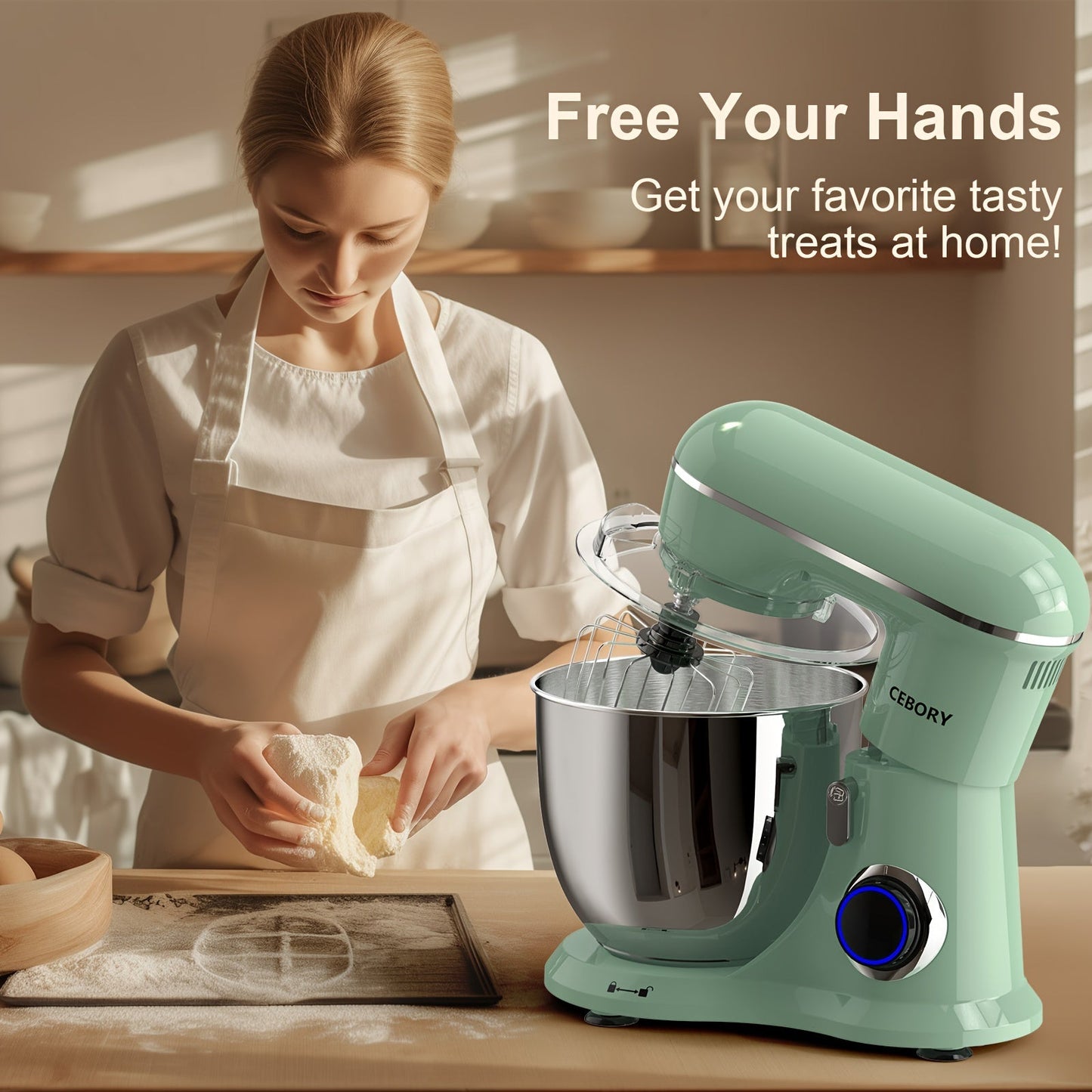 3-IN-1 660W Electric Stand Mixer, 10-Speed with Pulse Button, Attachments Include 6QT Bowl, Dough Hook, Beater, Whisk for Most Home Cooks, Dishwasher-safe, Gifts for Family And Friends, Green, Kitchen Mixer, Mixer for Baking Good Vibrations