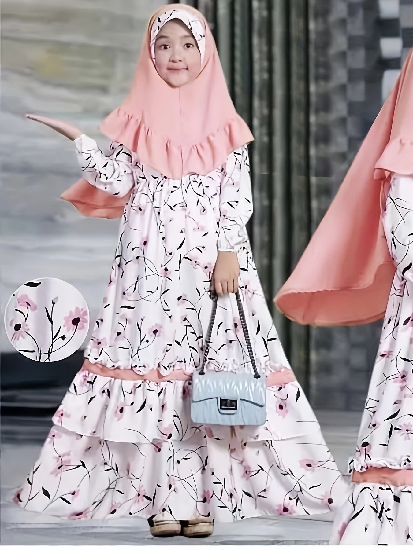 Girls Spring and Autumn Muslim Traditional Ethnic Clothing Set Long Sleeve Floral Dress + Headscarf Two-piece Set Good Vibrations