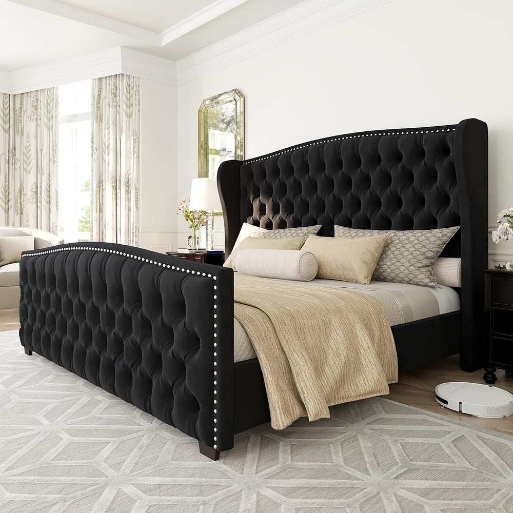 Luxurious Velvet Upholstered Platform Bed Frame with Deep Button Tufted Wingback Headboard & Nailhead Trim - No Box Spring Required, Sturdy Hardwood & High-Density Fiberboard Construction, Easy Assembly Modern Bedroom Furnitu Good Vibrations