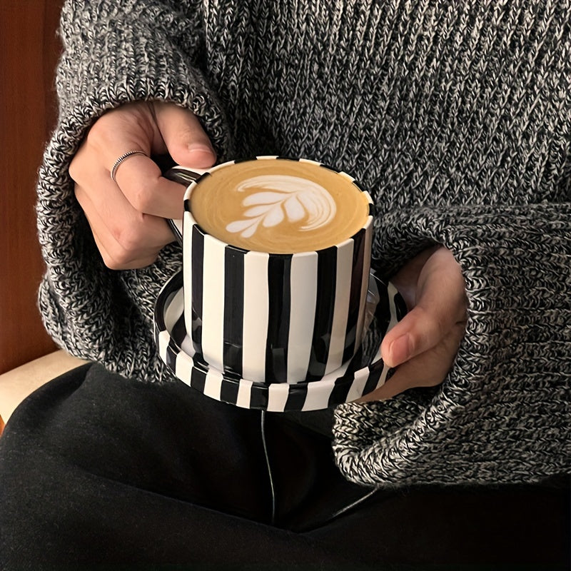 Vintage Striped Ceramic Tea Set - Includes Cup & Saucer, Perfect for Breakfast, Afternoon Tea, Home, Garden, Restaurant Use - Sustainable, Reusable Drinkware Gift Good Vibrations