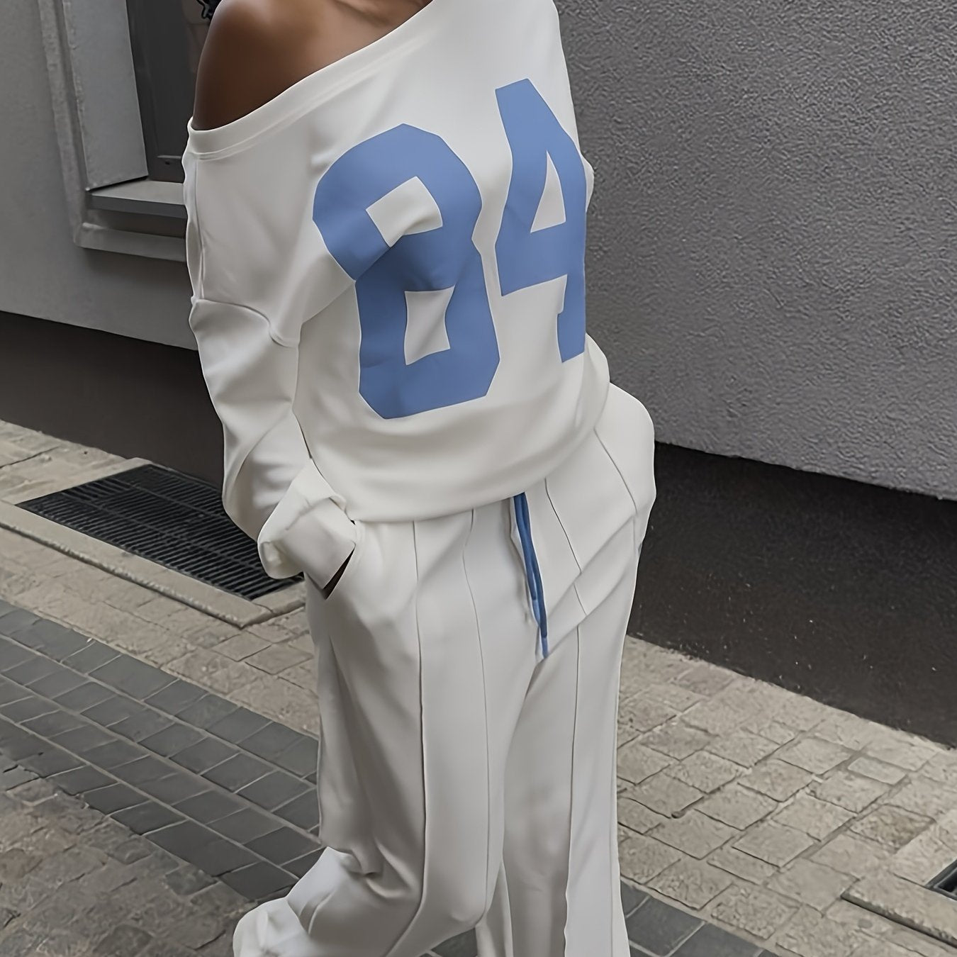 Autumn Women'S Casual Style Letter Print Long Sleeve Pullover Sweatshirt Paired with Casual Drawstring Wide-Leg Pants Set, Casual Set For Women, Women Pant Set Outfit, Set Women Outfit Fall, Set Women Outfit Casual, Co Ord Se Good Vibrations