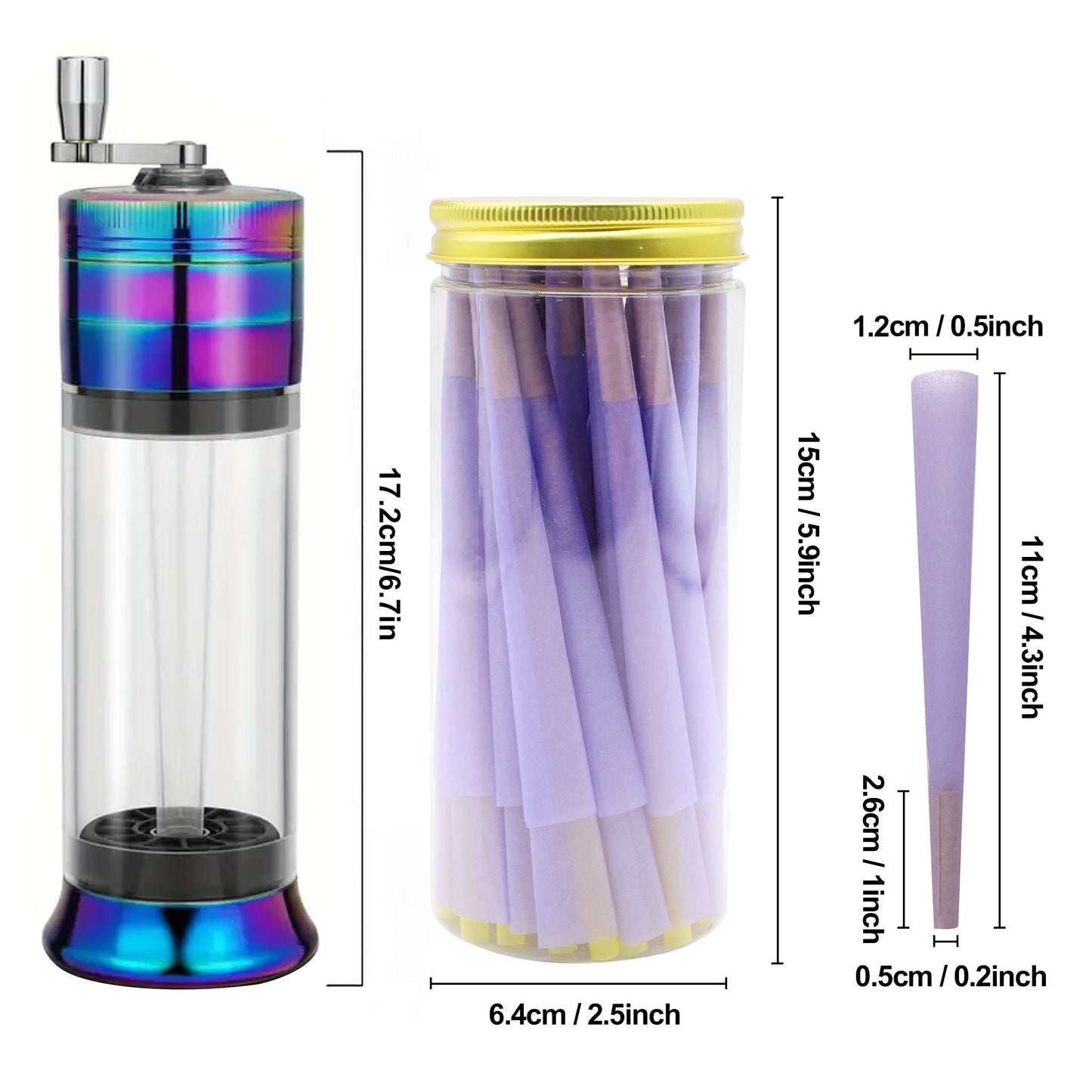 1pc Spice Grinder 3-in-1 with 50pcs Cigarette Paper, Rolled Cone Loader Machines Quick Fill, Grinding Storage with Magnetic Lid, King Size Pre-Rolled Cones with Tips, Rolling Paper Cones, Smoking Accessories, Gifts for Friend Good Vibrations