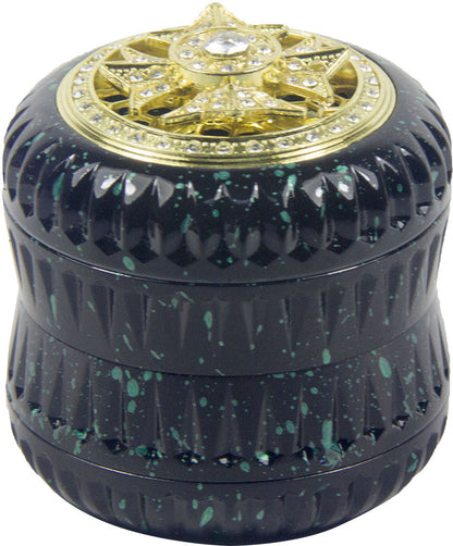 4-Layer Aluminum Herb Grinder with Built-in Fidget Spinner Top, Unique Star-Shaped Spinner Design with Embedded Rhinestones, Textured Body with Colorful Speckled Pattern for Enhanced Grip, Durable Construction and Smooth Grin Good Vibrations Adult Super Store