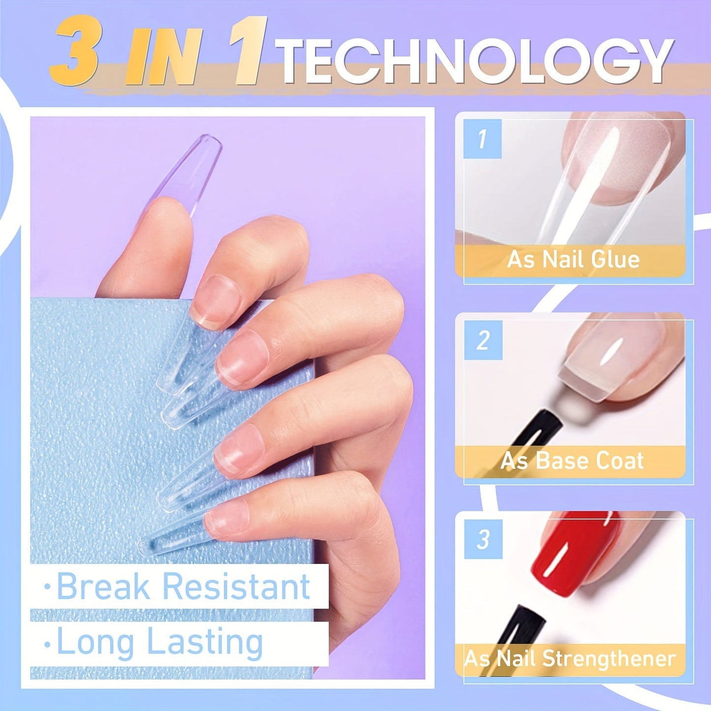 Gellen Gel Nail Glue 3 in 1 Gel Tips Nail Glue for Acrylic Nail Extension Super Strong Adhesive Bond Long Lasting Brush on Nail Glue Gel for Nail Tips Base Coat Slip Solution Curing Needed Good Vibrations