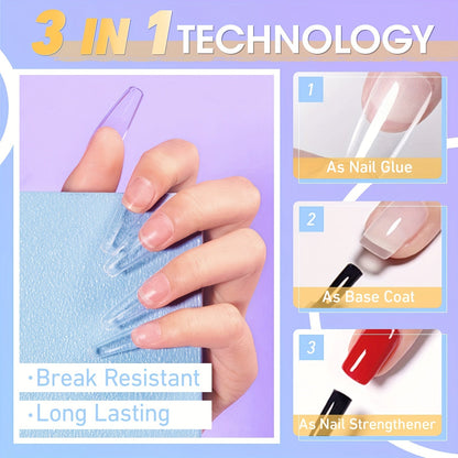 Gellen Gel Nail Glue 3 in 1 Gel Tips Nail Glue for Acrylic Nail Extension Super Strong Adhesive Bond Long Lasting Brush on Nail Glue Gel for Nail Tips Base Coat Slip Solution Curing Needed Good Vibrations
