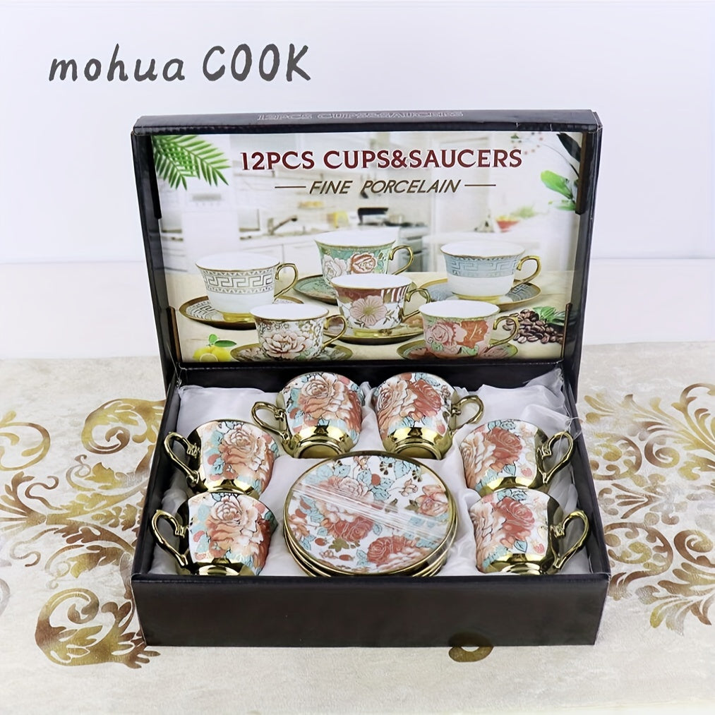 1set, European Style Creative Electroplated Ceramic Tea Set, 6 Cups & 6 Saucers, Porcelain Coffee Cup Gift Box Set Good Vibrations