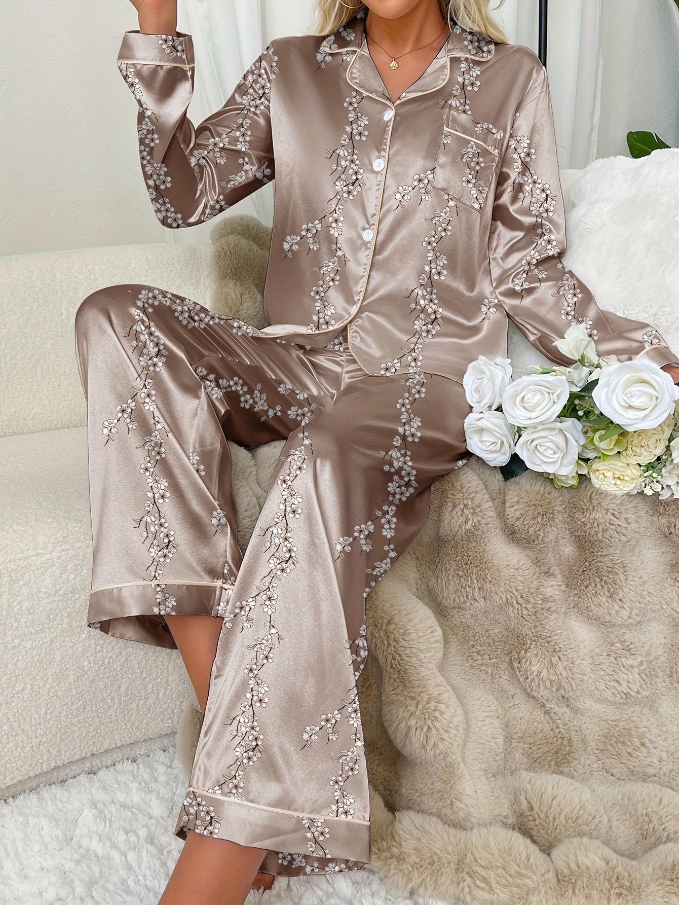 Plant printed long sleeved women's satin pajamas, pants, pajamas, home clothing set Good Vibrations