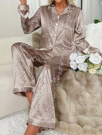 Plant printed long sleeved women's satin pajamas, pants, pajamas, home clothing set Good Vibrations