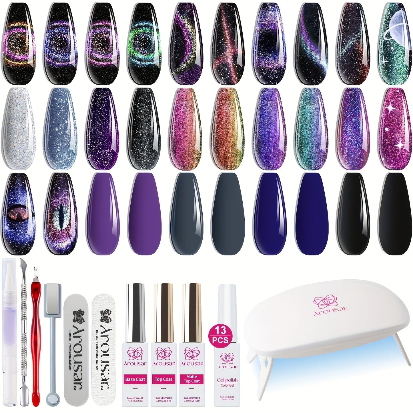Arousar Cat Eye Gel Polish Set, 16pcs Chameleon Gel Nail Polish Black Purple Glitter Silver Changing Magic Galaxy Effect Kit With Base Top Coat, LED Nail Lamp, Cuticle Oil And Manicure Tools Good Vibrations