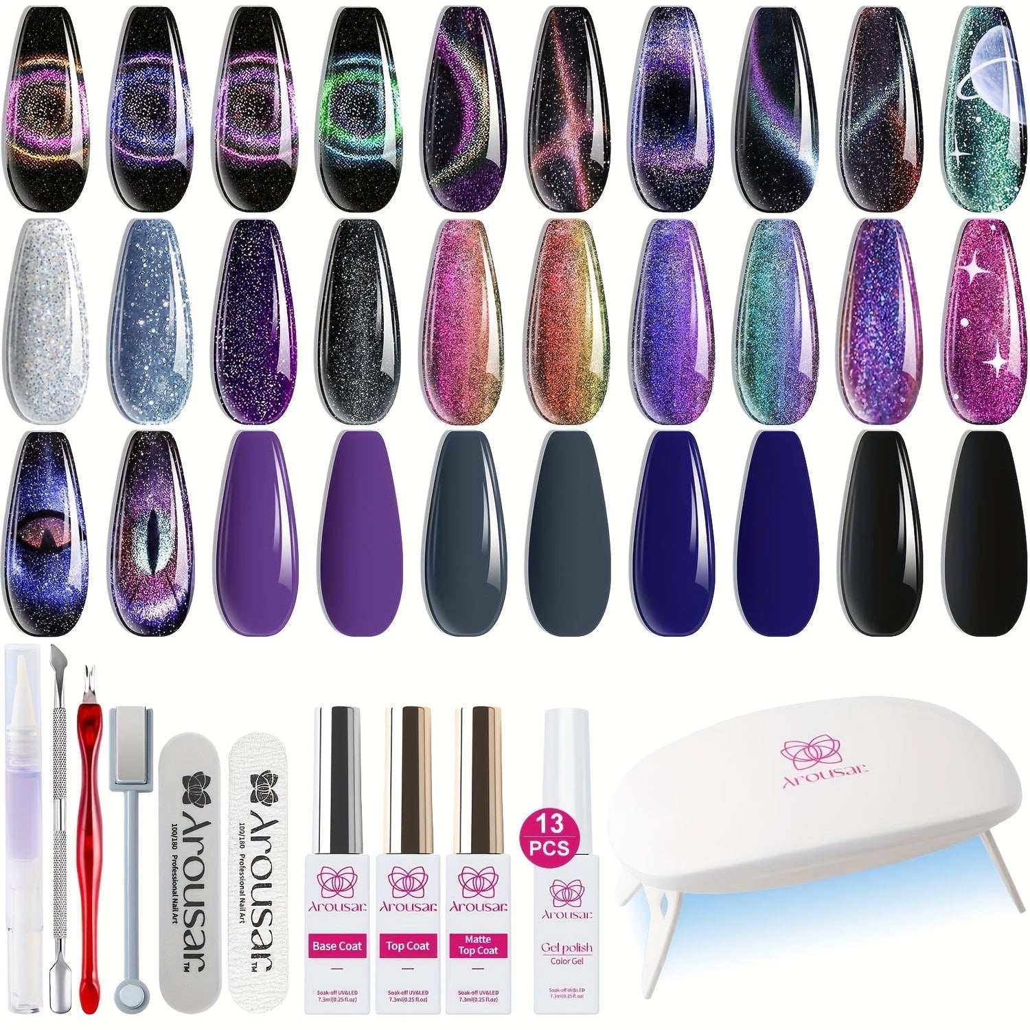 Arousar Cat Eye Gel Polish Set, 16pcs Chameleon Gel Nail Polish Black Purple Glitter Silver Changing Magic Galaxy Effect Kit With Base Top Coat, LED Nail Lamp, Cuticle Oil And Manicure Tools Good Vibrations