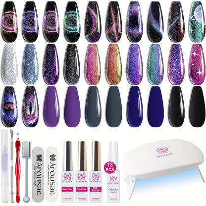 Arousar Cat Eye Gel Polish Set, 16pcs Chameleon Gel Nail Polish Black Purple Glitter Silver Changing Magic Galaxy Effect Kit With Base Top Coat, LED Nail Lamp, Cuticle Oil And Manicure Tools Good Vibrations