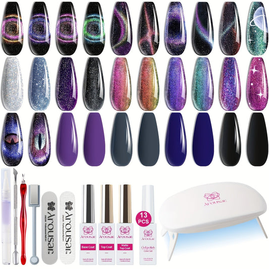 Arousar Cat Eye Gel Polish Set, 16pcs Chameleon Gel Nail Polish Black Purple Glitter Silver Changing Magic Galaxy Effect Kit With Base Top Coat, LED Nail Lamp, Cuticle Oil And Manicure Tools Good Vibrations