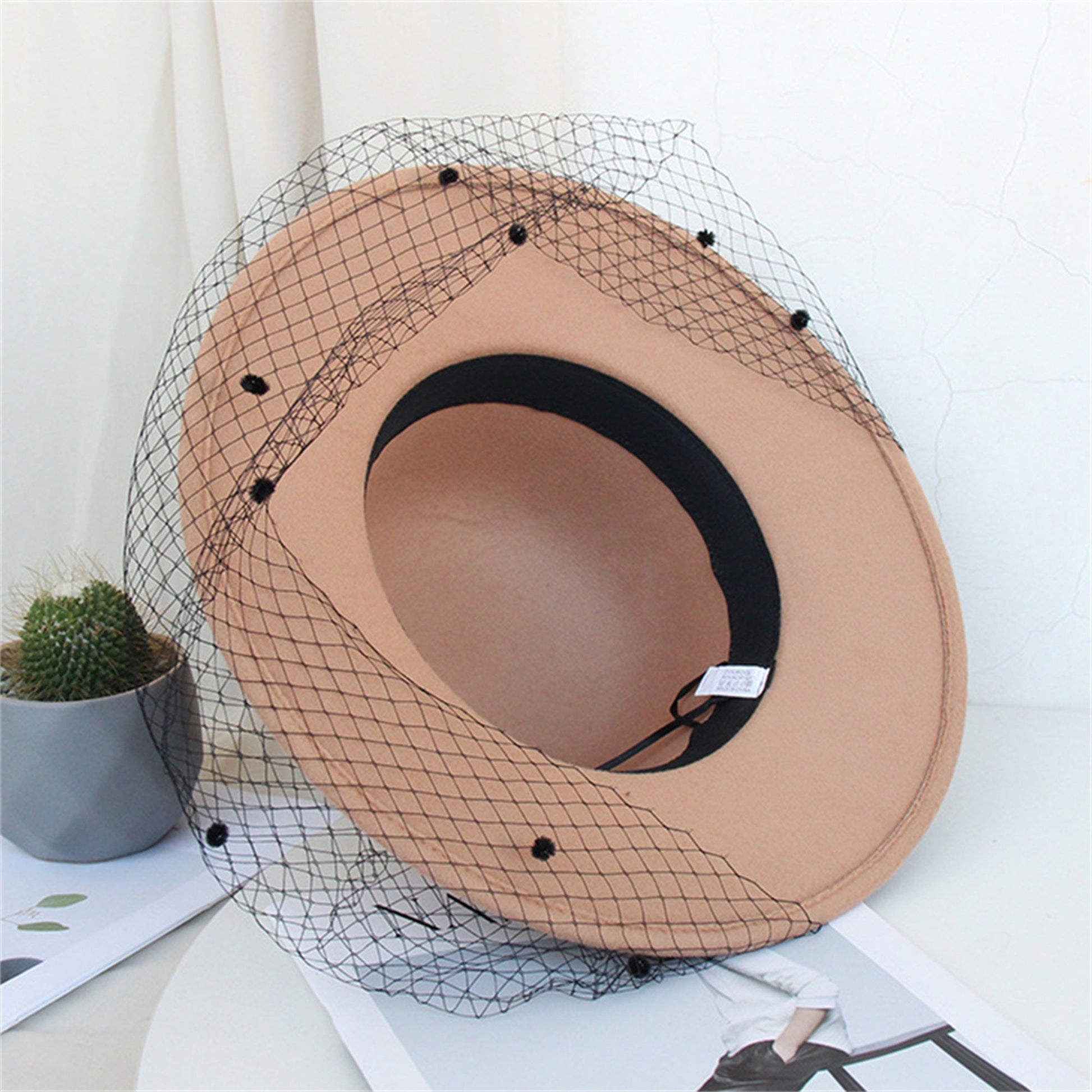 Women's Wide Brim Fedora Hat with Black Lace Veil & Floral Decor - Non- Derby Cap for Church, Bridal Tea Party, Formal Events Good Vibrations