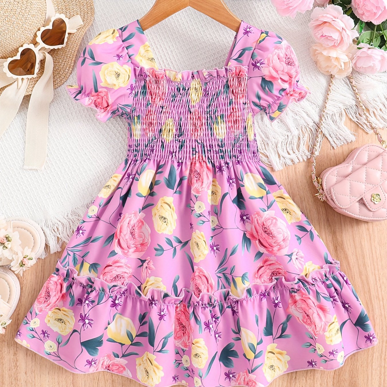 [Floral Party Dress] Floral Puff Sleeve Girls Party Dress | Shirred Ruffled Hem Kids Summer Clothes Good Vibrations