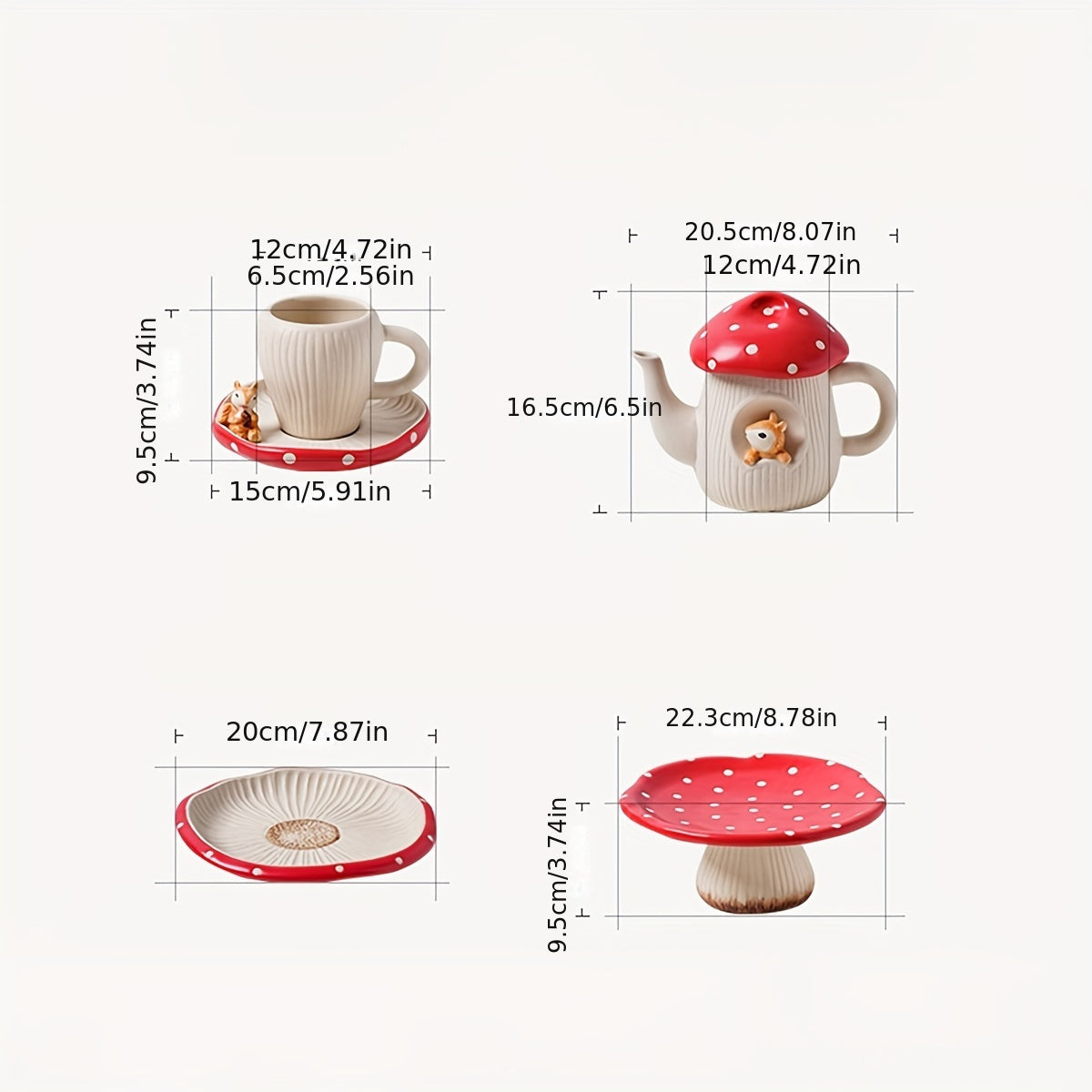 Charming Red Mushroom Ceramic Tea Set - Includes Teapot, Cups & Dessert Plates - Polished Metal Finish For All Seasons Good Vibrations