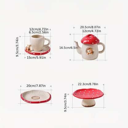Charming Red Mushroom Ceramic Tea Set - Includes Teapot, Cups & Dessert Plates - Polished Metal Finish For All Seasons Good Vibrations