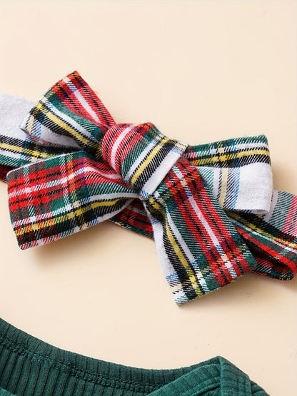 Baby Autumn and Winter Clothing Set Baby Girls 0-18 Months Romper and Plaid Strap Skirt and Headband Good Vibrations