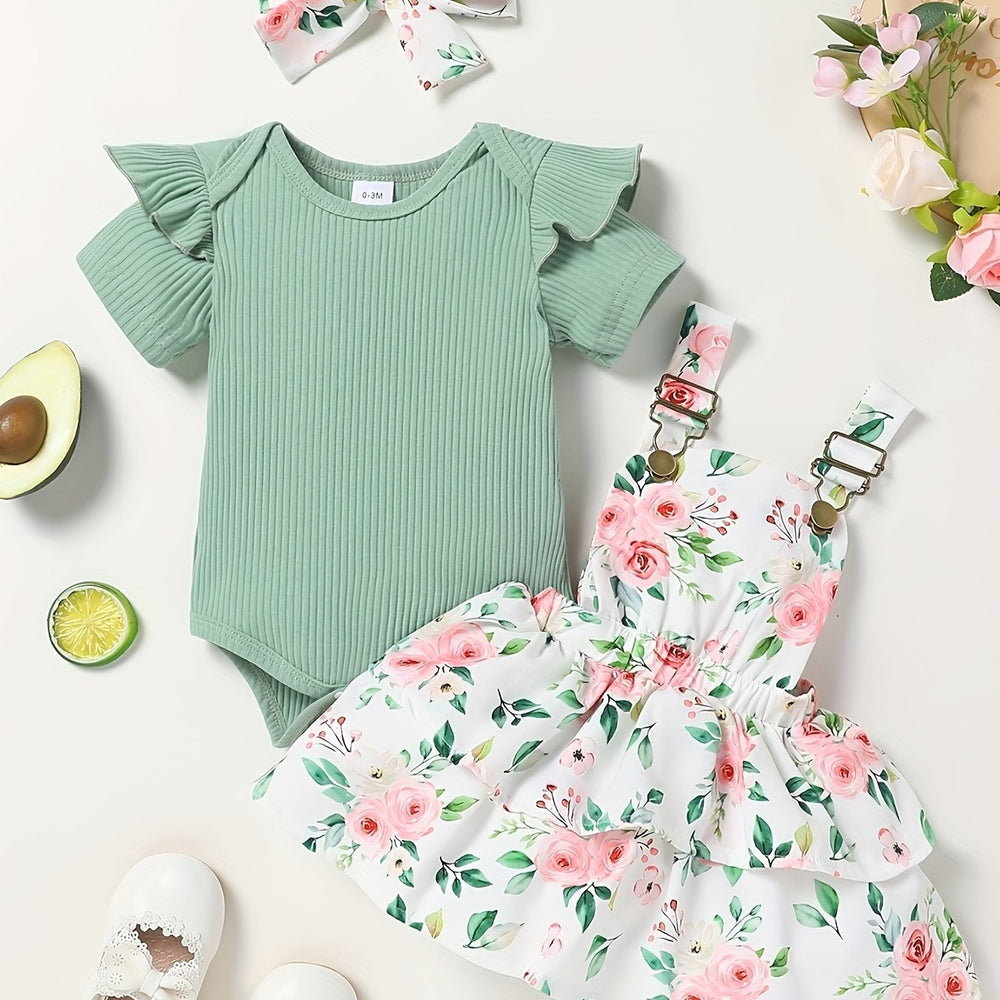 Newborn Baby Girl Clothes Infant Dress Outfit Summer Romper Flower Print Jumpsuit Headband Overall Skirt Clothing Set Good Vibrations