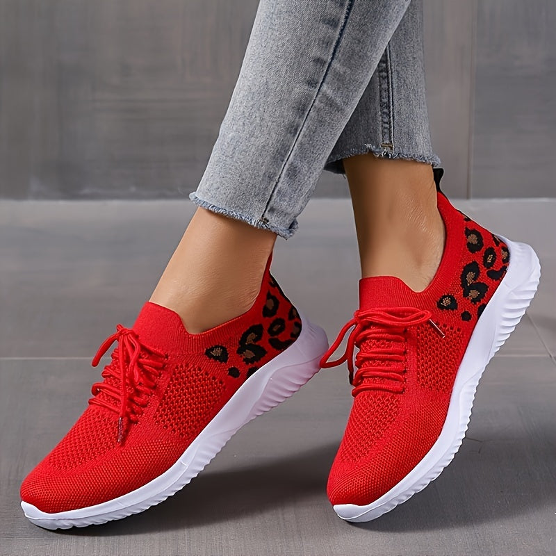 Women's Casual Sneakers, Flying Woven Leopard Pattern Breathable Lace-up Running Shoes, Women's Footwear plus size Good Vibrations