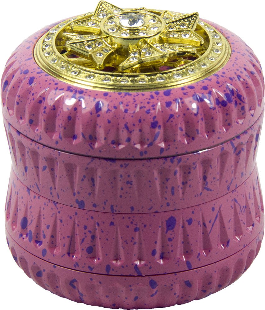 4-Layer Aluminum Herb Grinder with Built-in Fidget Spinner Top, Unique Star-Shaped Spinner Design with Embedded Rhinestones, Textured Body with Colorful Speckled Pattern for Enhanced Grip, Durable Construction and Smooth Grin Good Vibrations Adult Super Store