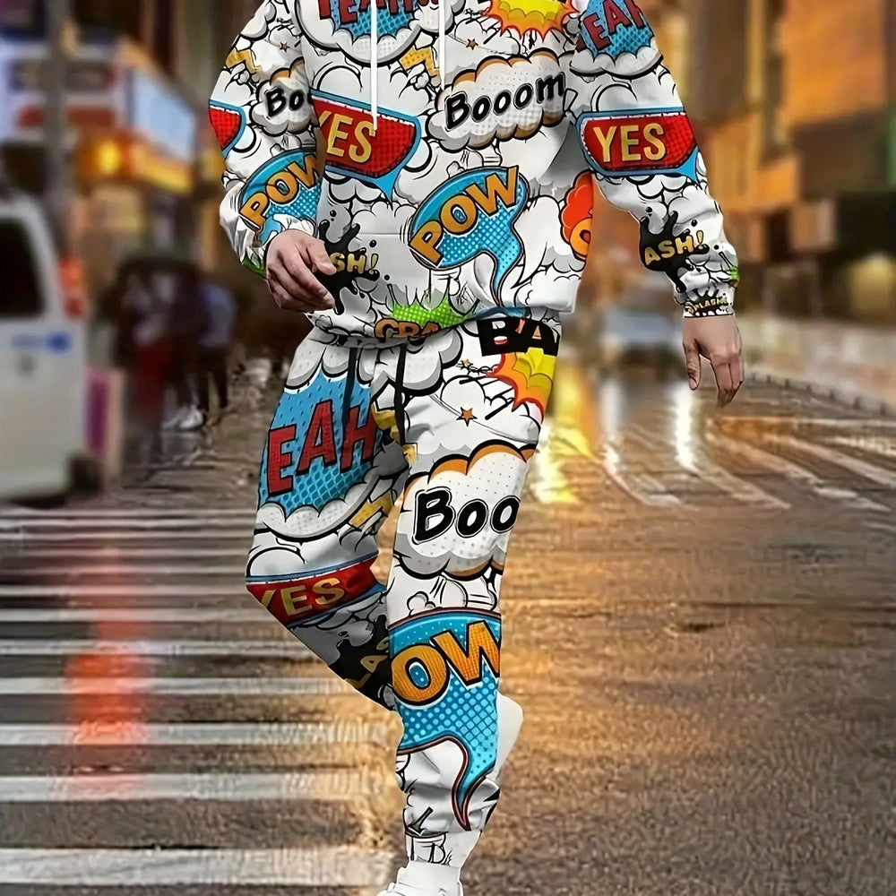 [Two-Piece Comic Print Hoodie Set] Men'S Casual Hoodie and Pants Set, 100% Polyester Knit Fabric, Full Coverage Comic Style Print, Casual Fit, Spring/Fall Warmth Two-Piece Set Good Vibrations