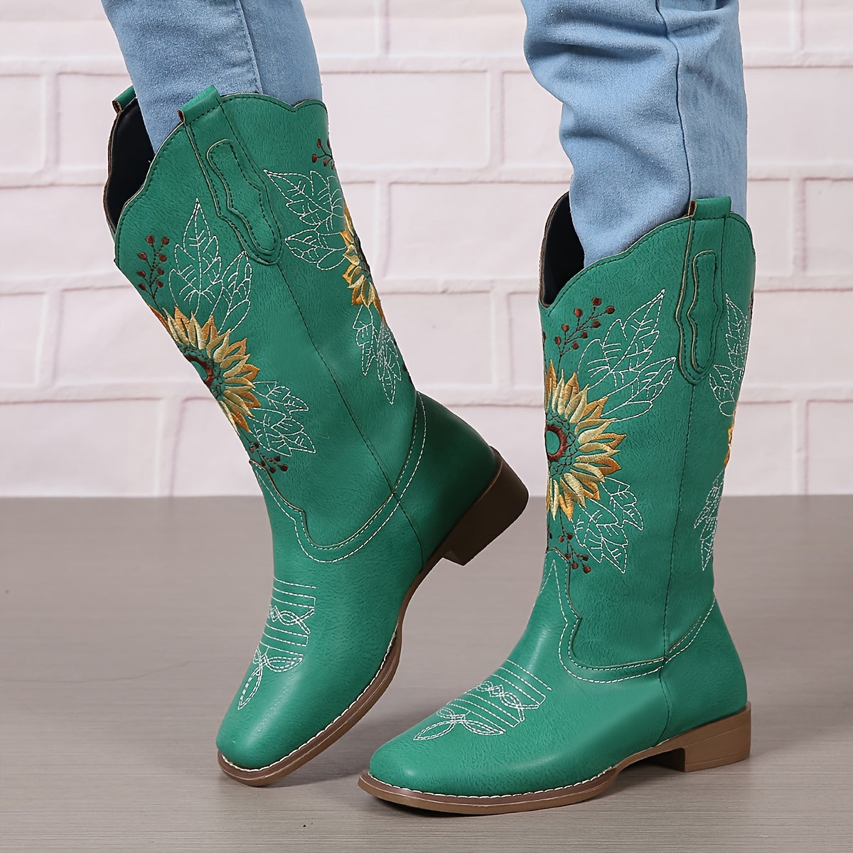 [Mid Calf Embroidered Western Boots] Women's Embroidered Mid Calf Western Boots, Faux Leather Fashion Boots, Women's Footwear Good Vibrations
